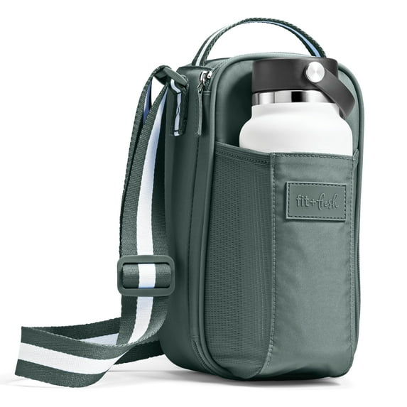 Fit+Fresh Crossbody Water Bottle Carrier with Insulated Compartment, fits 40oz Tumbler Cup, Green