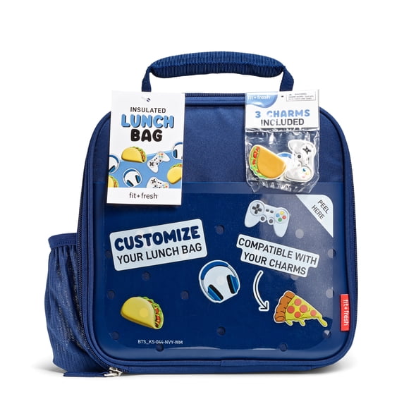 Fit & Fresh DIY Lunch Bag Reusable/Insulated Polyester Bag Navy with Shoe Charm Slots for Personalization