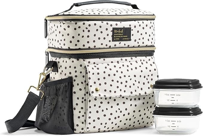 Fit + Fresh Dual Compartment Lunch Bag For Women, Insulated Lunch Box With Containers, B&W Dot