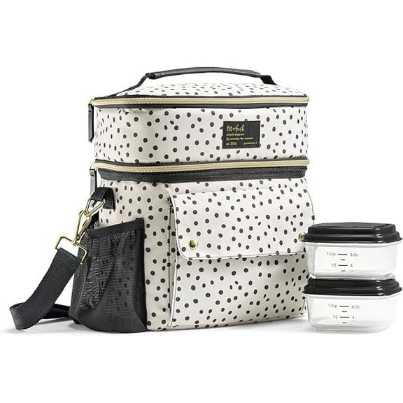 Fit + Fresh Dual Compartment Lunch Bag For Women, Insulated Lunch Box With Containers, B&W Dot