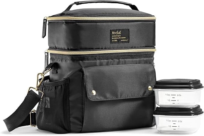 Fit + Fresh Dual Compartment Lunch Bag For Women, Insulated Lunch Box With Containers, Black