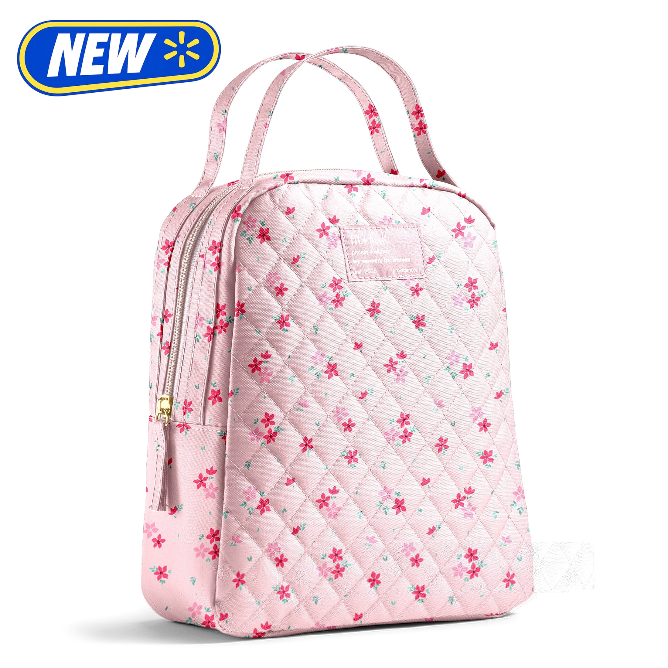 Fit & Fresh Evelyn Quilted Lunch Bag for Women, Large Lunch Tote, Reusable Insulated Lunch Bag for Work, Stylish Lunch Box, Pink Dainty Flowers, Designed to Help with Daily Commutes