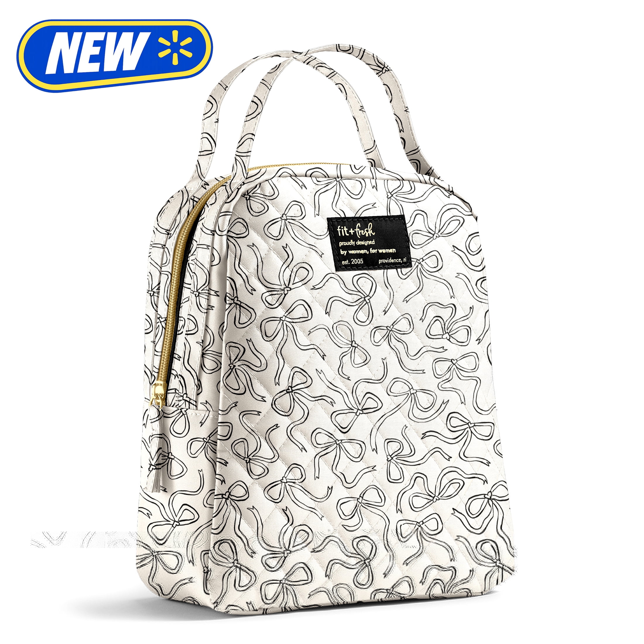 Fit & Fresh Evelyn Quilted Lunch Bag for Women, White with Black Sketched Bows