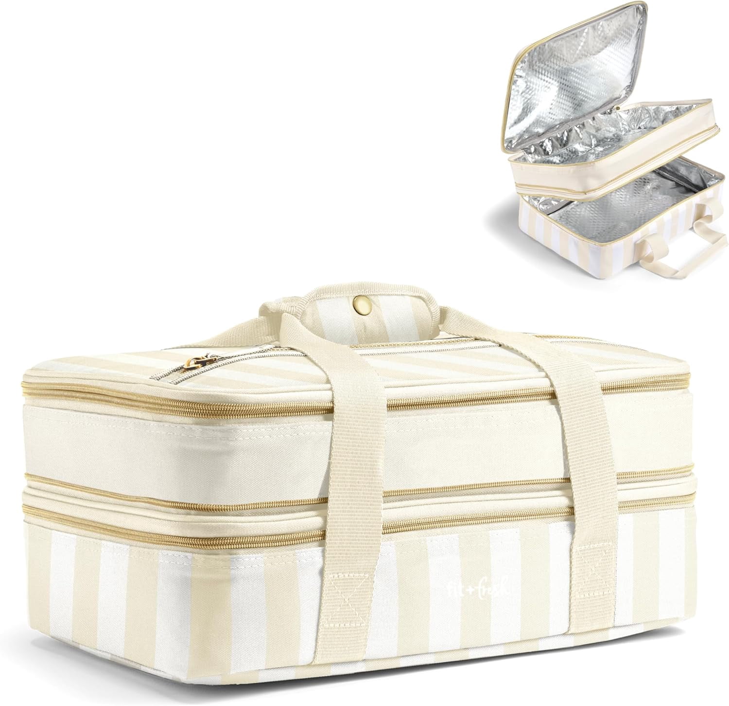 Fit + Fresh Expandable Insulated Casserole Carrier, Hot & Cold Transport Bag, Taupe Stripe