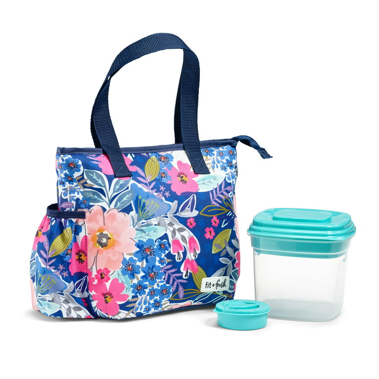Fit + Fresh Fashion Insulated Leak-Proof Lunch Bag for Women with Salad  Container, Blue and Pink Floral