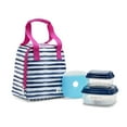 thumbnail image 1 of Fit & Fresh Garreston Insulated Lunch Bag Kit with 2 Food Storagr Containers and Ice Pack, Navy Wash Stripe, Pink Handle, 1 of 2