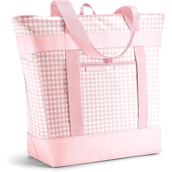 Fit + Fresh Insulated Grocery Tote Bag, Large Leak-Resistant Reusable Cooler, Pink Gingham