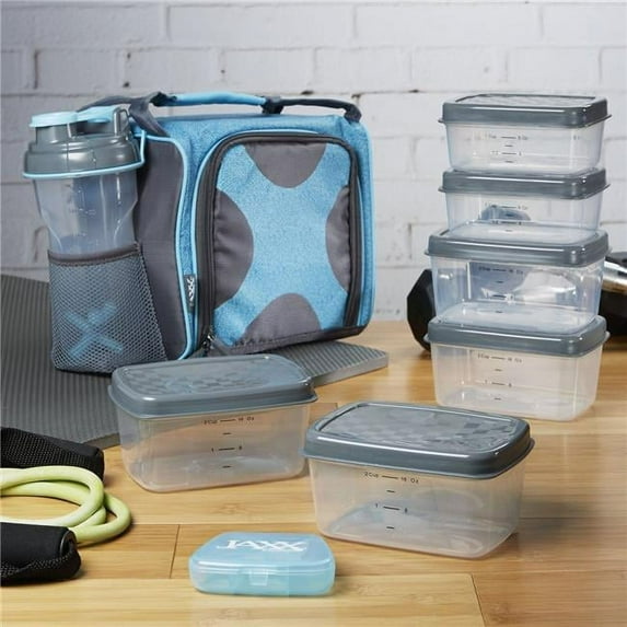 Fit & Fresh Jaxx FitPak Insulated Meal Prep Bag Set with Containers, Ice Pack, 28 oz Shaker Bottle, Aqua