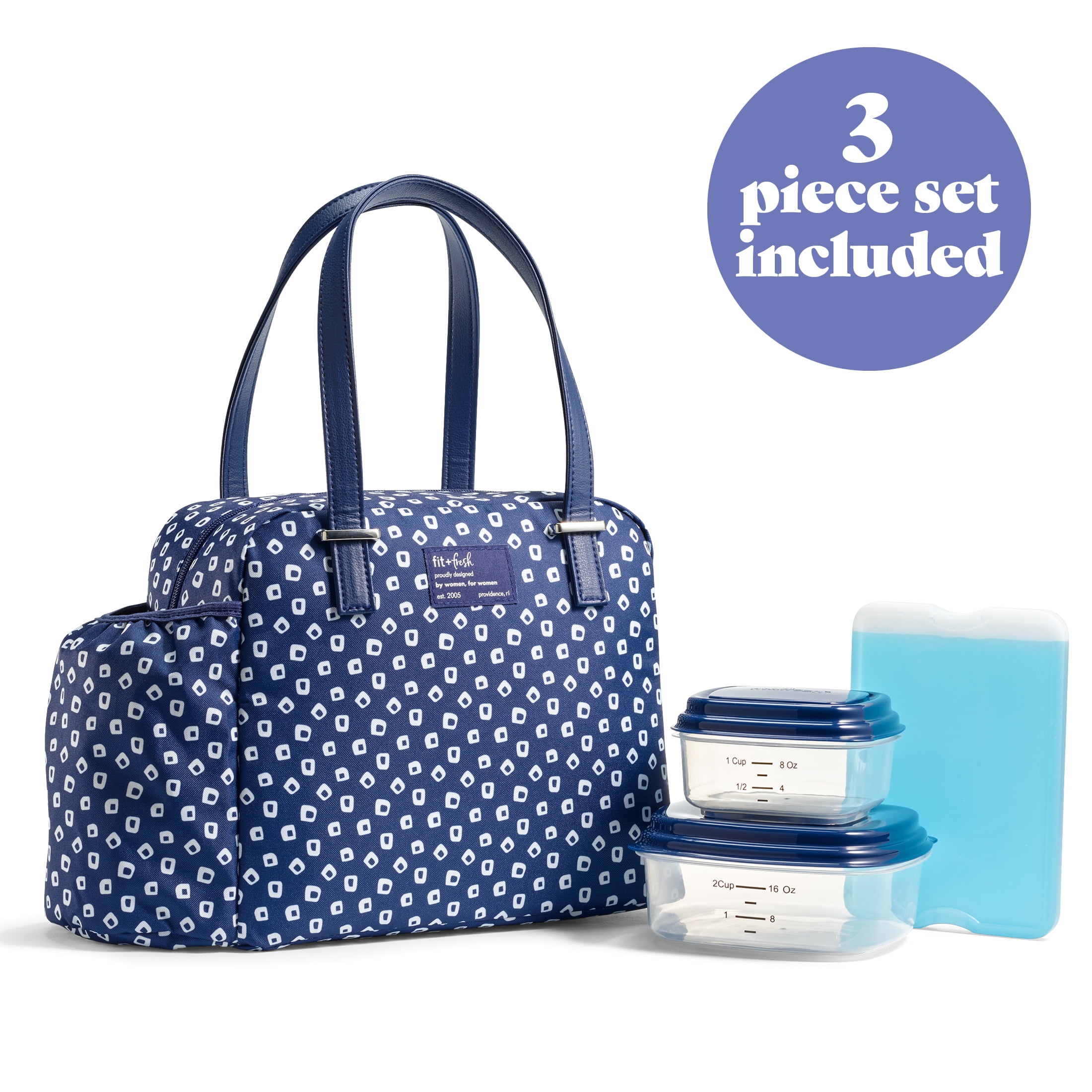 Fit & Fresh Laketown Women's Lunch Bag, Large Insulated Tote Bag, Includes 2 BPA free Containers and 1 XL Slim Ice, Navy