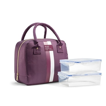 Fit + Fresh Bloomington Womens Lunch Bag, Insulated Lunch Box With Containers, Plum Stripe