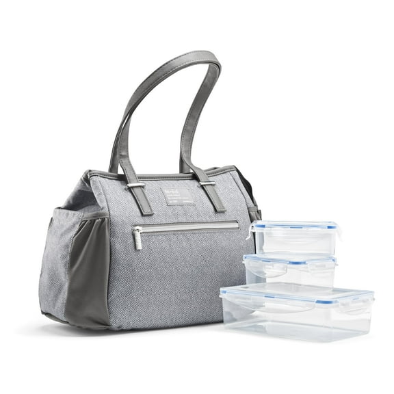 Fit + Fresh Lunch Bag For Women, Insulated , Leakproof With Containers for work, Copley Grey Tweed