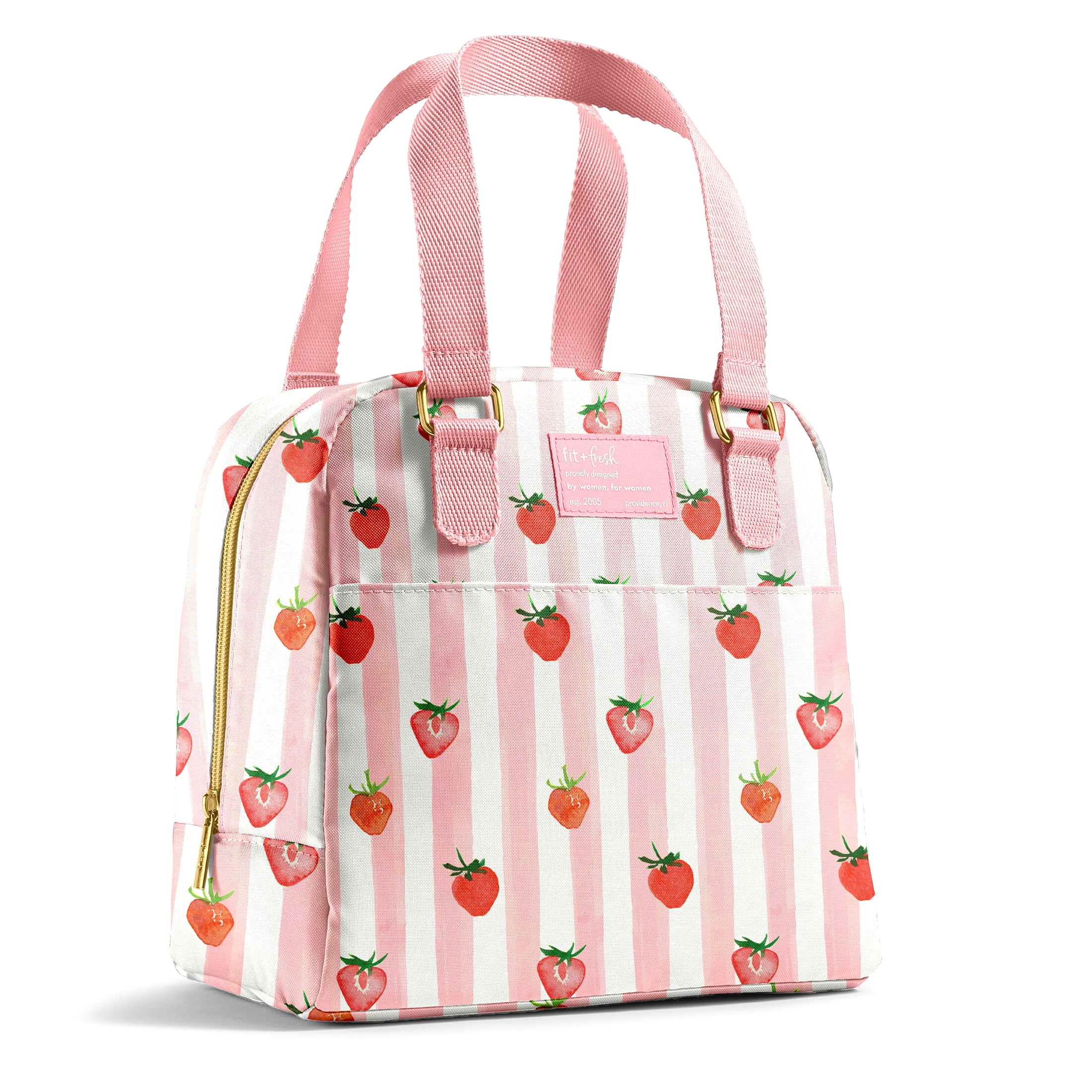 Fit & Fresh Minneola Lunch Bag for Women, Cute Pink Strawberry Stripe