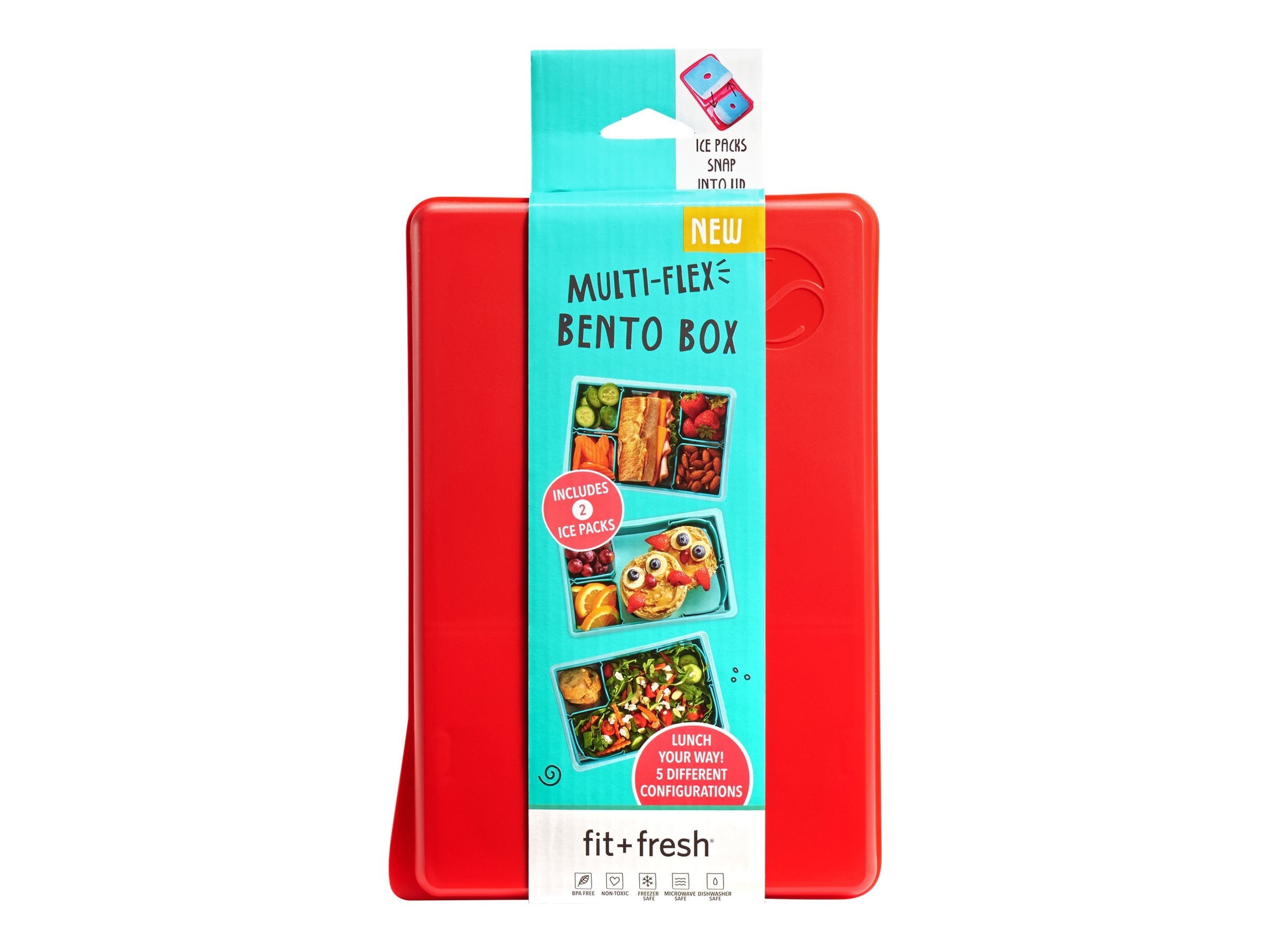 Fit + Fresh Multi-Flex Bento Box with 2 Slim Ice Packs, Perfect for Insulated Lunch Bag, Red