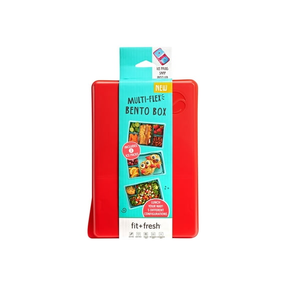 Fit + Fresh Multi-Flex Bento Box with 2 Slim Ice Packs, Perfect for Insulated Lunch Bag, Red