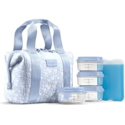Fit + Fresh Remi Neoprene Material Women's Lunch Bag with Containers & Ice Pack, Light Blue Vintage Floral Print