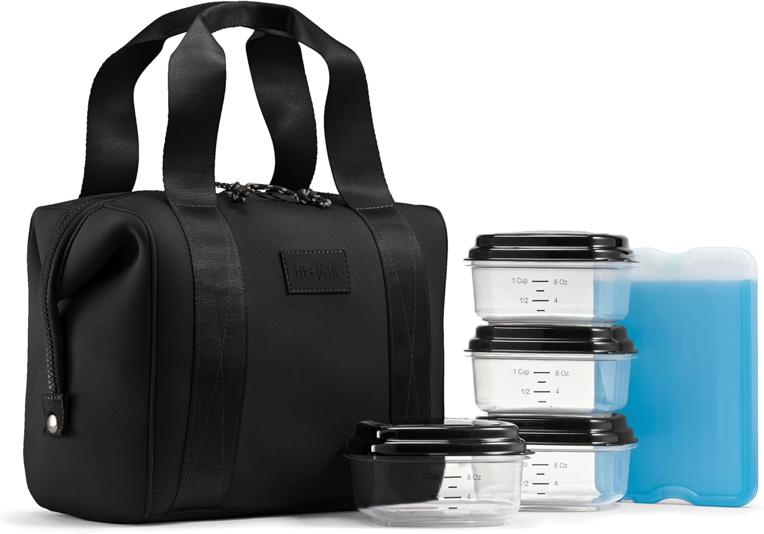Fit & Fresh 4511CX3480 Women's Lunch Bag, Self Insulating Neoprene Material Lunch Box With Containers & Ice Pack, Black
