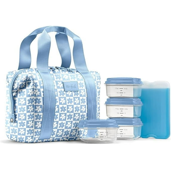 Fit + Fresh Remi Women's Lunch Bag, Self Insulating Neoprene Material Lunch Box With Containers & Ice Pack, Blue Daisy