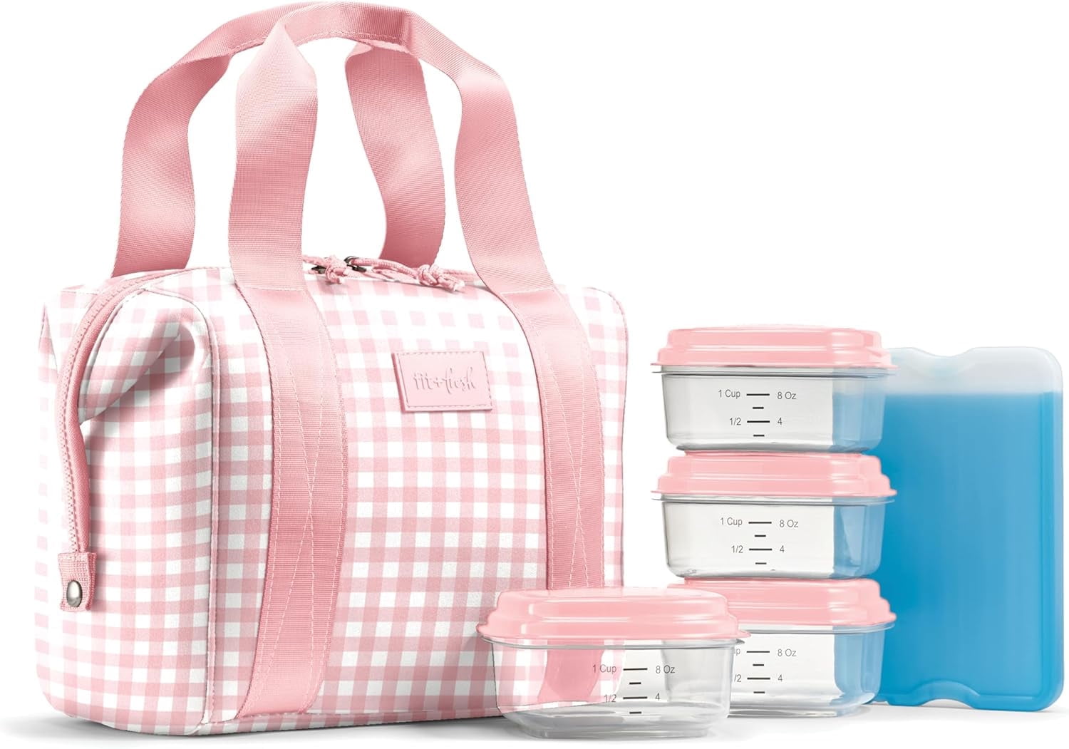 Fit + Fresh Remi Women's Lunch Bag, Self Insulating Neoprene Material Lunch Box With Containers & Ice Pack, Pink Gingham