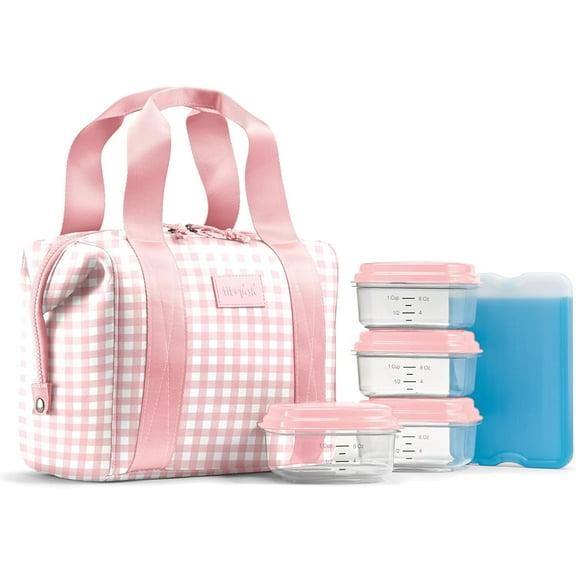 Fit + Fresh Remi Women's Lunch Bag, Self Insulating Neoprene Material Lunch Box With Containers & Ice Pack, Pink Gingham