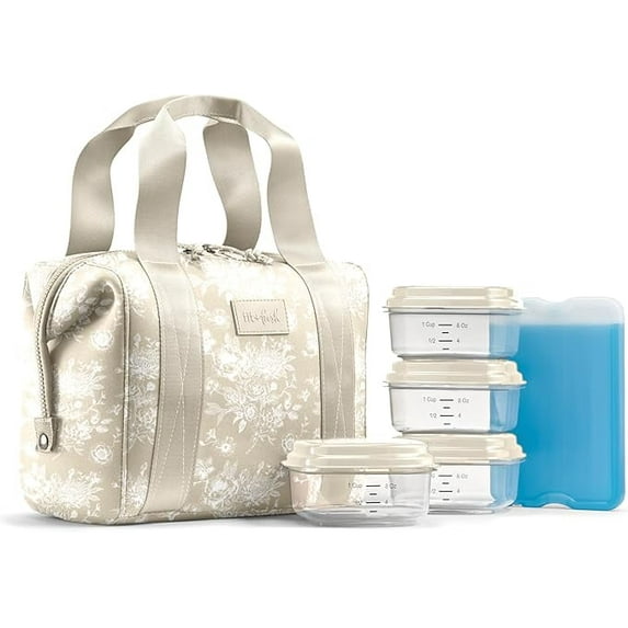 Fit + Fresh Remi Women's Lunch Bag, Self Insulating Neoprene Material Lunch Box With Containers & Ice Pack, Tan Toile