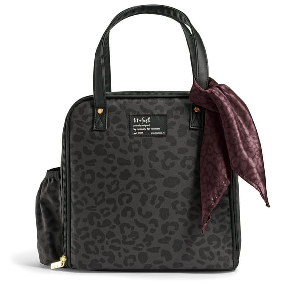 Fit & Fresh Wichita Women's Lunch Bag, Large Insulated Tote Bag, Includes Fashion Scarf, Cheetah Black