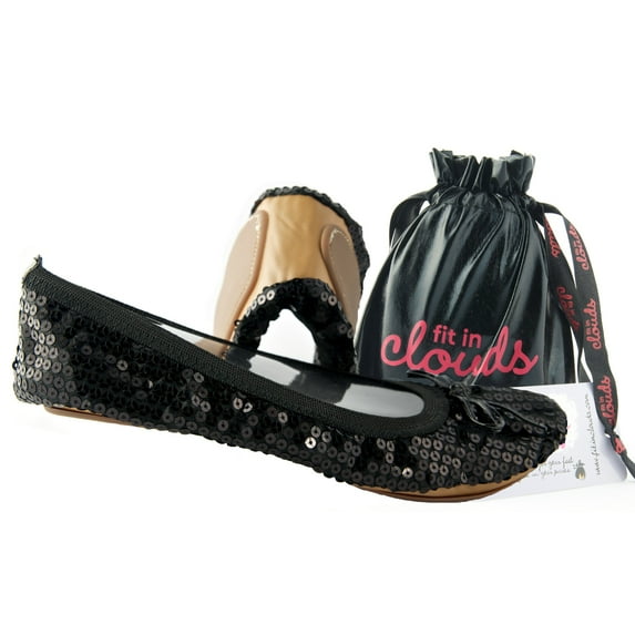 Fit In Clouds Black Sequin Sparkle Portable Foldable Flats Shoes for Women - Black Sequin 10