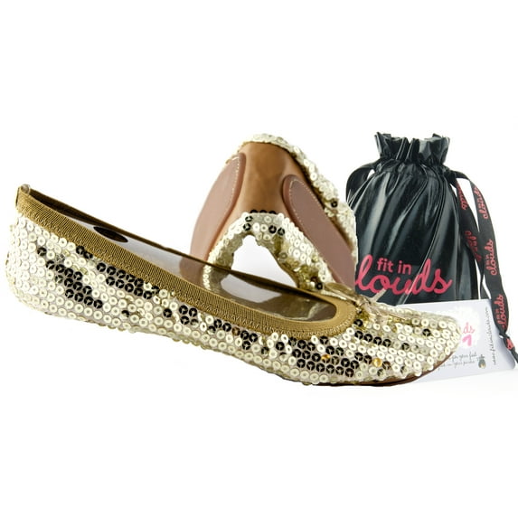 Fit In Clouds Gold Sequin Sparkle Portable Foldable Flats Shoes for Women - Gold Sequin 9