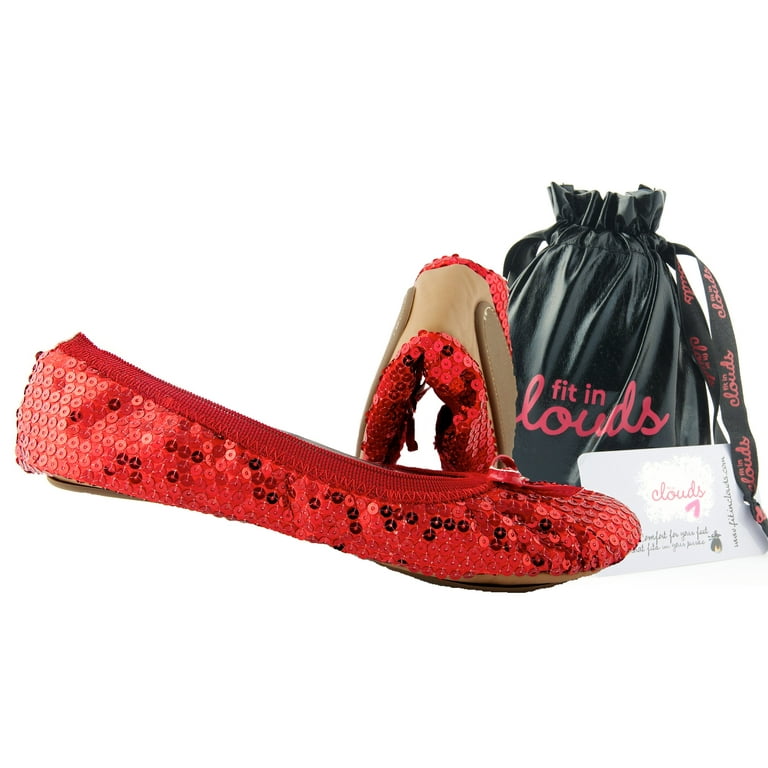 Fit In Clouds Red Sequin Sparkle Portable Foldable Flats Shoes for Women Red Sequin 6