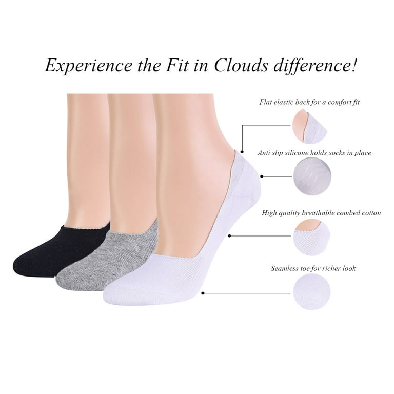 Fit In Clouds cotton no show womens liner hidden socks for women, 3 pack in  white, grey, black 