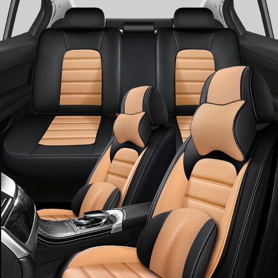 Fit for JEEP RENEGADE 2022, PU Leather 5 Seats Full Set With a Headrest and Lumbar Support Non-slip, Orange and Black Car Seat Covers, Airbag-Compatible