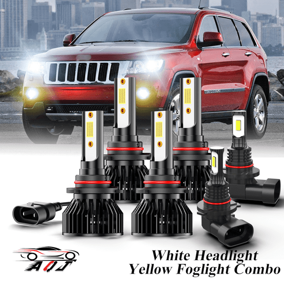 Fit for Jeep Grand Cherokee 1999-2010 LED Headlight Combo 6 Pack, 6,000K White 10,000LM Super Bright Headlight + 3500K Amber Yellow Foglight Bulb Set, Premium LED Lamp Upgrade Set