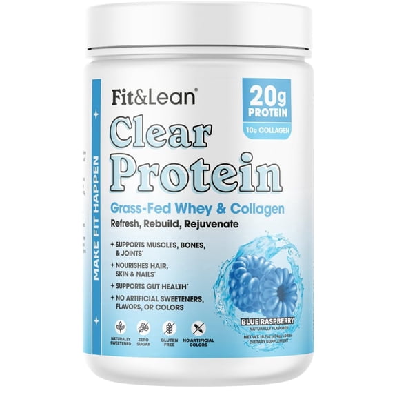 Fit & Lean Clear Protein Powder with Whey Isolate Protein and Collagen, Grass Fed, Muscle Recovery, GLP-1 Support, Blue Raspberry, 20 Servings