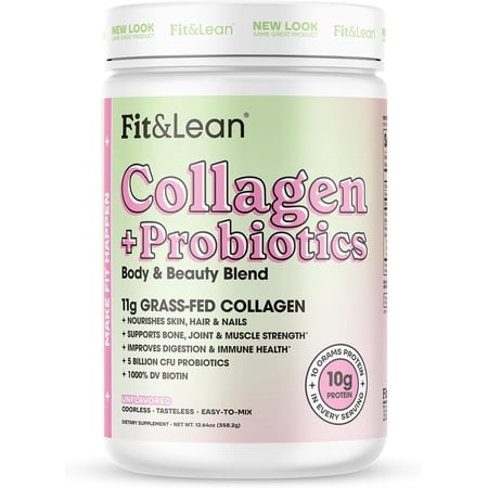 Fit & Lean Grass-fed Collagen Peptide Powder with Probiotics, Unflavored, 12.64oz