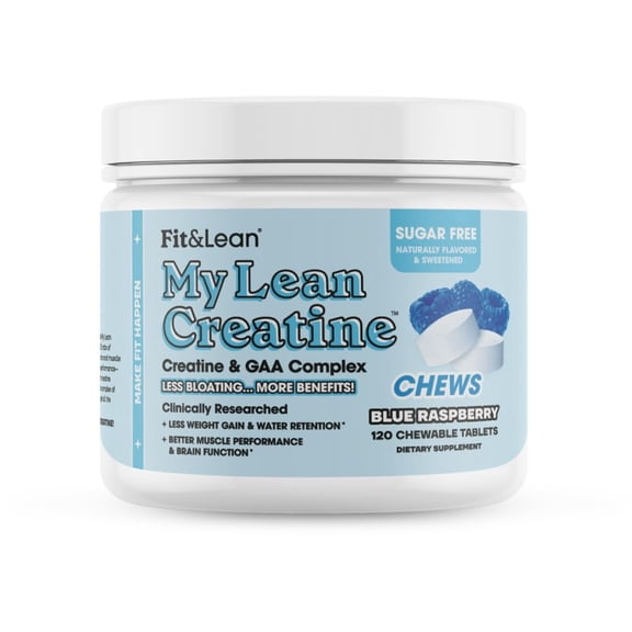 Fit & Lean My Lean Creatine Chewable Tablets, Creatine Monohydrate with GAA, Muscle Performance, Cognitive Function, Reduced Water Retention, Blue Raspberry, 120 Count, 30 Servings