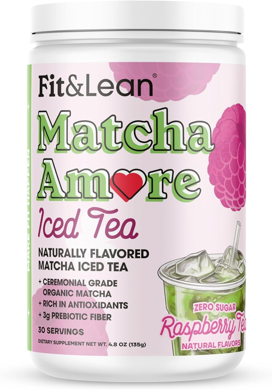 Fit & Lean Matcha Amore Iced Tea, Fruit-Inspired Naturally Flavored Organic Ceremonial Grade Matcha Green Tea, Naturally Sweetened, NON-GMO, Zero Sugar, Raspberry Iced Tea, 30 Servings