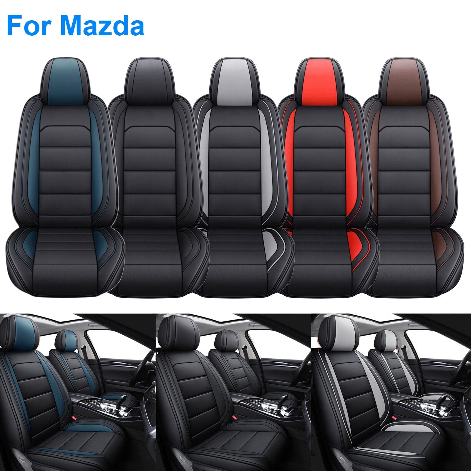 FANOTEK Mazda 3 Black Blue PU Leather Waterproof Cushioned Front Rear Seat Covers 5 Pieces