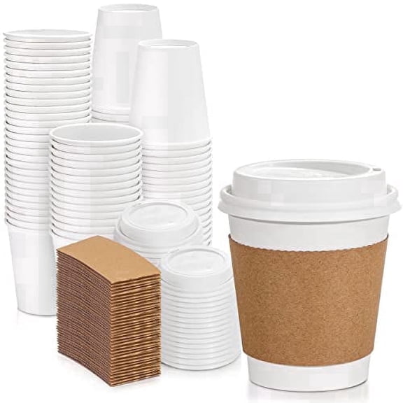 Fit Meal Prep 100 Pack 10 oz Disposable Coffee Cups with Lids and Sleeves, Premium To Go Coffee Cups with Lids, Durable Thickened Hot White Paper Cup for Cold/Hot Beverage Chocolate Cocoa Tea