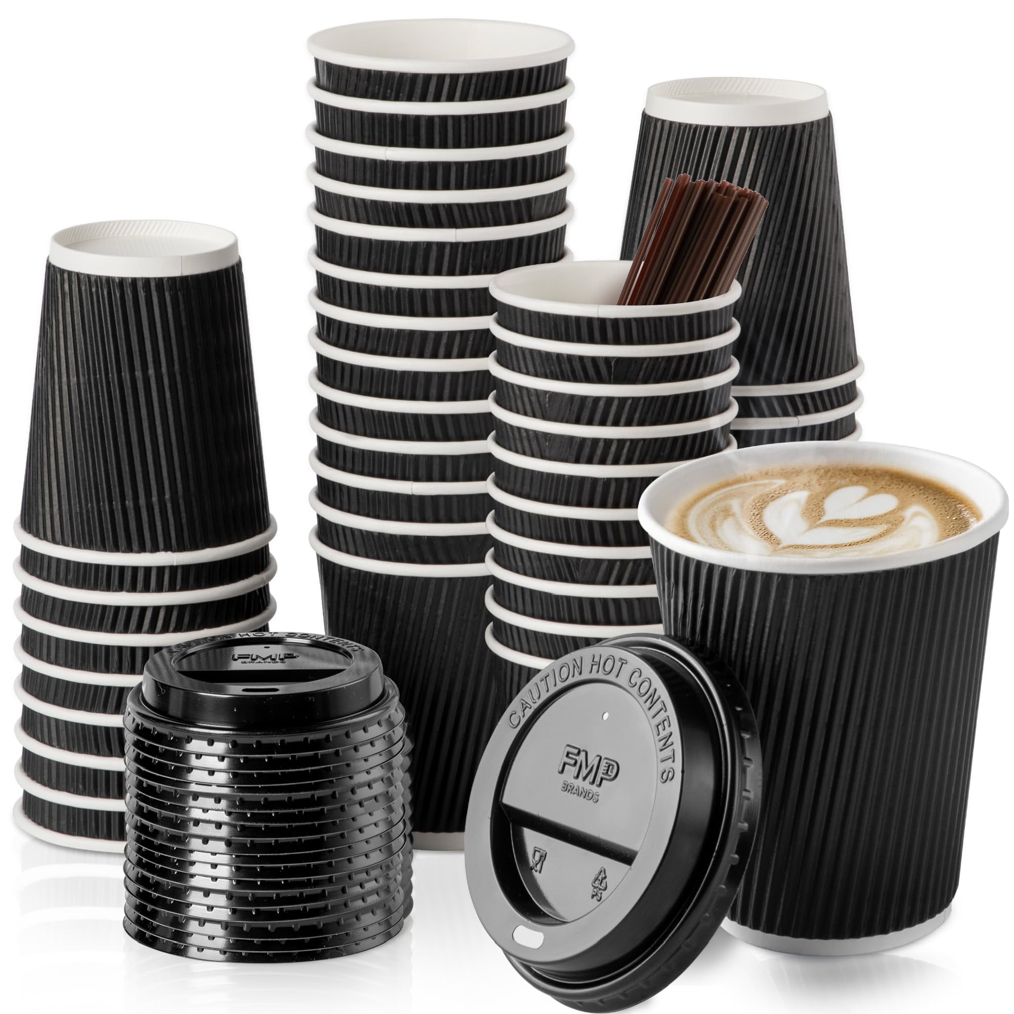 Fit Meal Prep 100 Pack 12 oz Insulated Ripple Wall Paper Coffee Cups with Black Lids, Premium Black Triple Wall Disposable Coffee Cup, To Go Coffee Cups Anti Slip Ideal for Hot Beverage