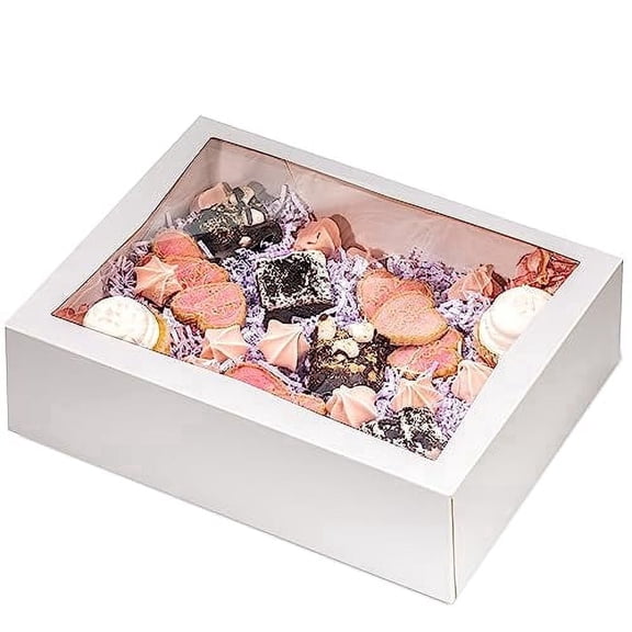 Fit Meal Prep 100 Pack 14 x 10 x 4 Inches White Bakery Boxes with Window, Auto-Popup Cardboard Gift Packaging and Baking Containers, Cupcake, Cookie and Loaf Bread Boxes