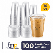 Fit Meal Prep 100 Pack 16 oz Clear Plastic Cups with Flat Lids, Disposable Iced Coffee Cups, BPA-Free Premium Crystal Cups for Smoothies, Lemonade, Juice, Milkshakes and Cold Drinks