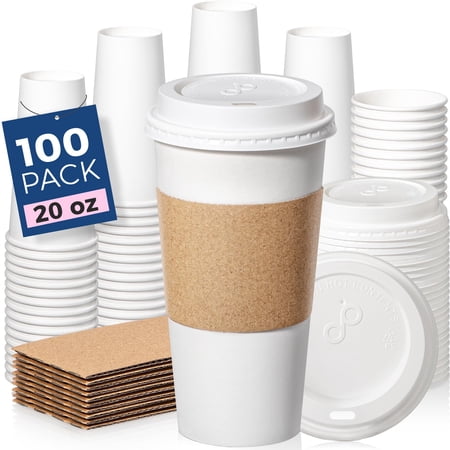 Fit Meal Prep 100 Pack 20 oz Disposable Coffee Cups with Lids and Sleeves – Large To Go Paper Cups, Leak-Proof for 7 Days, BPA-Free, Heat Resistant – for Home, Office, Party, Business