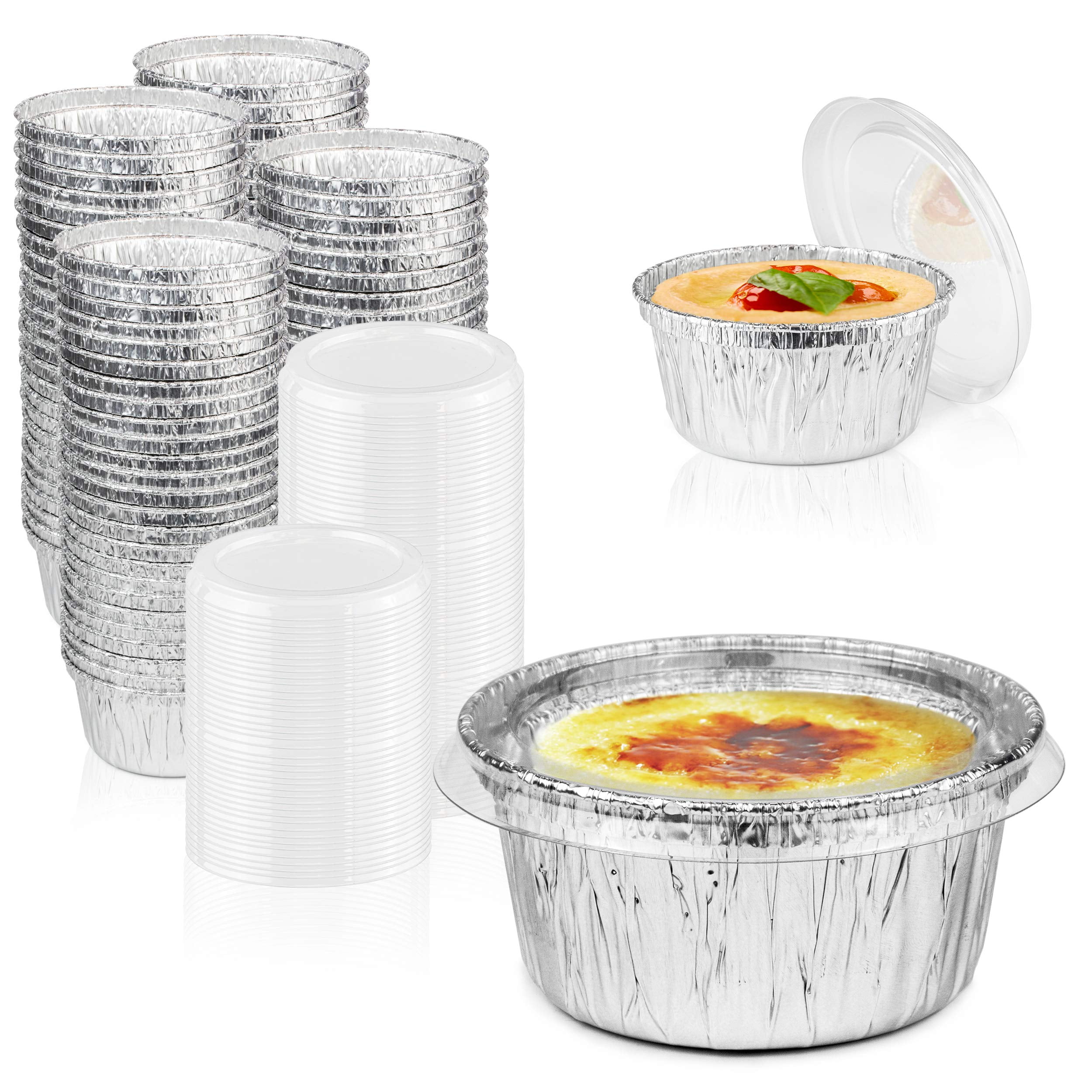 Fit Meal Prep 100 Pack 4 oz Disposable Foil Ramekins with Lids, Mini Aluminum Foil Baking Cups, Freezer & Oven Safe Creme Brulee Ramekin Disposable, Aluminum Cupcake Liners for Pudding Muffin Dessert