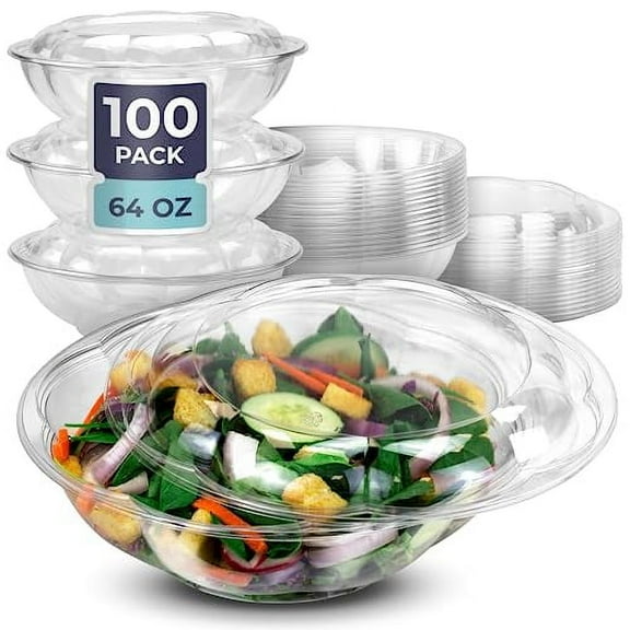 Fit Meal Prep 100 Pack 64 oz Clear Plastic Salad Bowls with Airtight Lids, Disposable To Go Salad Containers for Lunch, Meal, Party, BPA Free Clear Bowl for Acai, Green Salad, Fruits, Nuts
