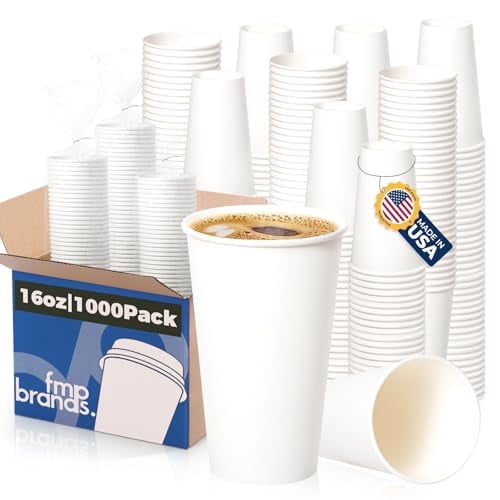 Fit Meal Prep 1000 Pack 16 oz Disposable Paper Coffee Cups, Premium White Hot Cups for Hot/Cold Beverage, Durable Thickened Paper Cup Bulk for Party, Office, Bussines, Home, Bistros, Events