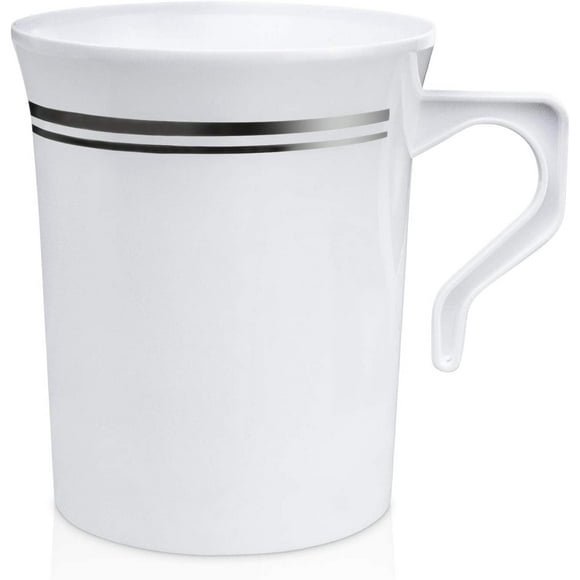 Fit Meal Prep 120 Pack 8 oz. Plastic Coffee Cup with Handle - White Silver Rim Disposable, Soup, Cappuccino Espresso Mug, Hot or Cold Drinks, Wedding Party, Cafe, Ceramic, Glass Alternative