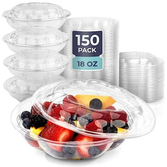 Fit Meal Prep 150 Pack 18 oz Clear Plastic Salad Bowls with Airtight Lids, Disposable To Go Salad Containers for Lunch, Meal, Party, BPA Free Clear Bowl for Acai, Green Salad, Fruits, Nuts
