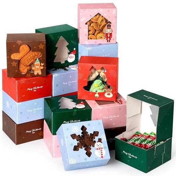 Fit Meal Prep 25 Pack 4x4x2.5Inch Christmas Cookie Boxes for Gift Giving Small 5 Design Exchange with Window Packaging for Desserts, Pastry, Auto-Popup Holiday Treat