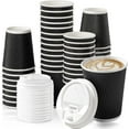 thumbnail image 1 of Fit Meal Prep 250 Pack 12 oz Black Disposable Coffee Cups with Lids & Stirrers, Corrugated Triple Wall To Go Hot Cups, Insulated Paper Coffee Cups for Hot Beverages, Travel, Home, Office (White Lids), 1 of 14