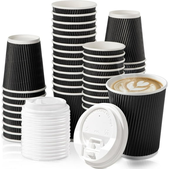 Fit Meal Prep 250 Pack 12 oz Black Disposable Coffee Cups with Lids & Stirrers, Corrugated Triple Wall To Go Hot Cups, Insulated Paper Coffee Cups for Hot Beverages, Travel, Home, Office (White Lids)