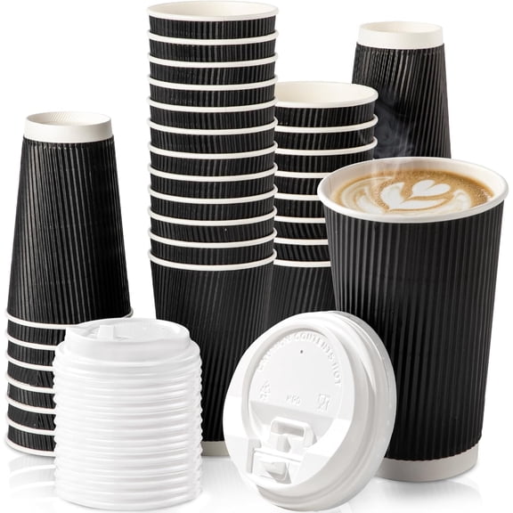 Fit Meal Prep 250 Pack 16 oz Black Disposable Coffee Cups with Lids & Stirrers, Corrugated Triple Wall To Go Hot Cups, Insulated Paper Coffee Cups for Hot Beverages, Travel, Home, Office (White Lids)